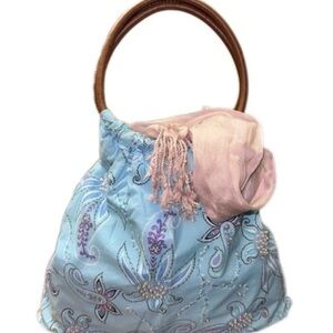 Trendy Massimo Blue Floral Sequin Hobo Shoulder Tote Bag